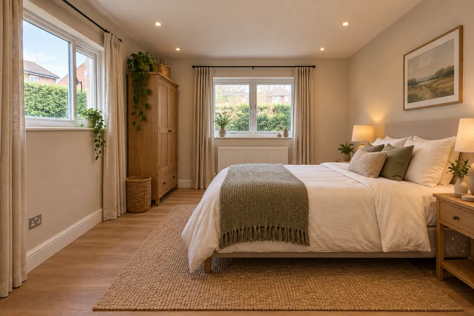 Garage converted into a bright bedroom with a double bed and a new window (design visualisation)