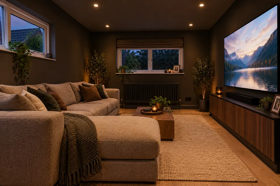 Garage converted into a cinema room with a large screen and a deep sofa (design visualisation)