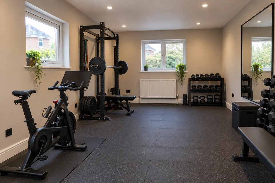 Garage converted into a home gym with an exercise bike, a squat rack and dumbbells (design visualisation)