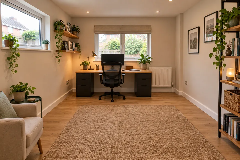 Garage converted into a home office with a desk under the new window (design visualisation)